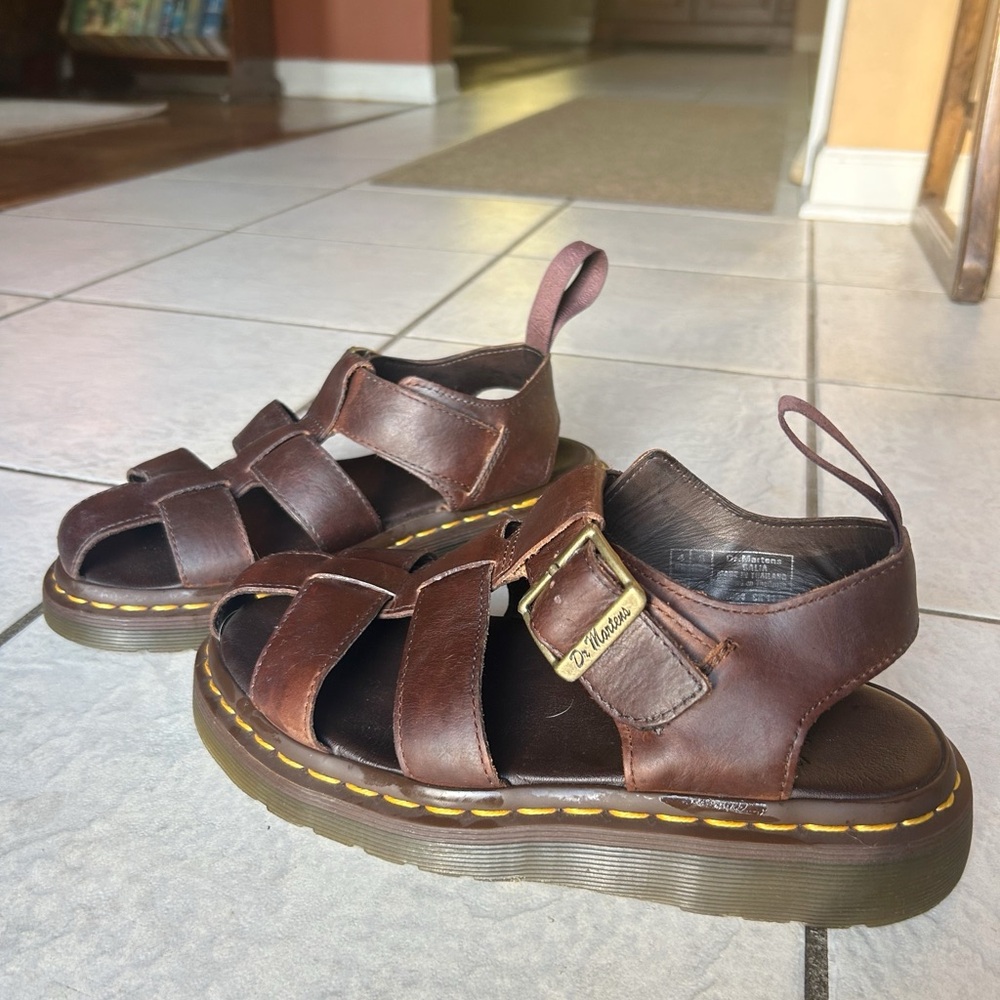 Dr. Martens Brown Leather Fisherman Sandals with Yellow Stitching